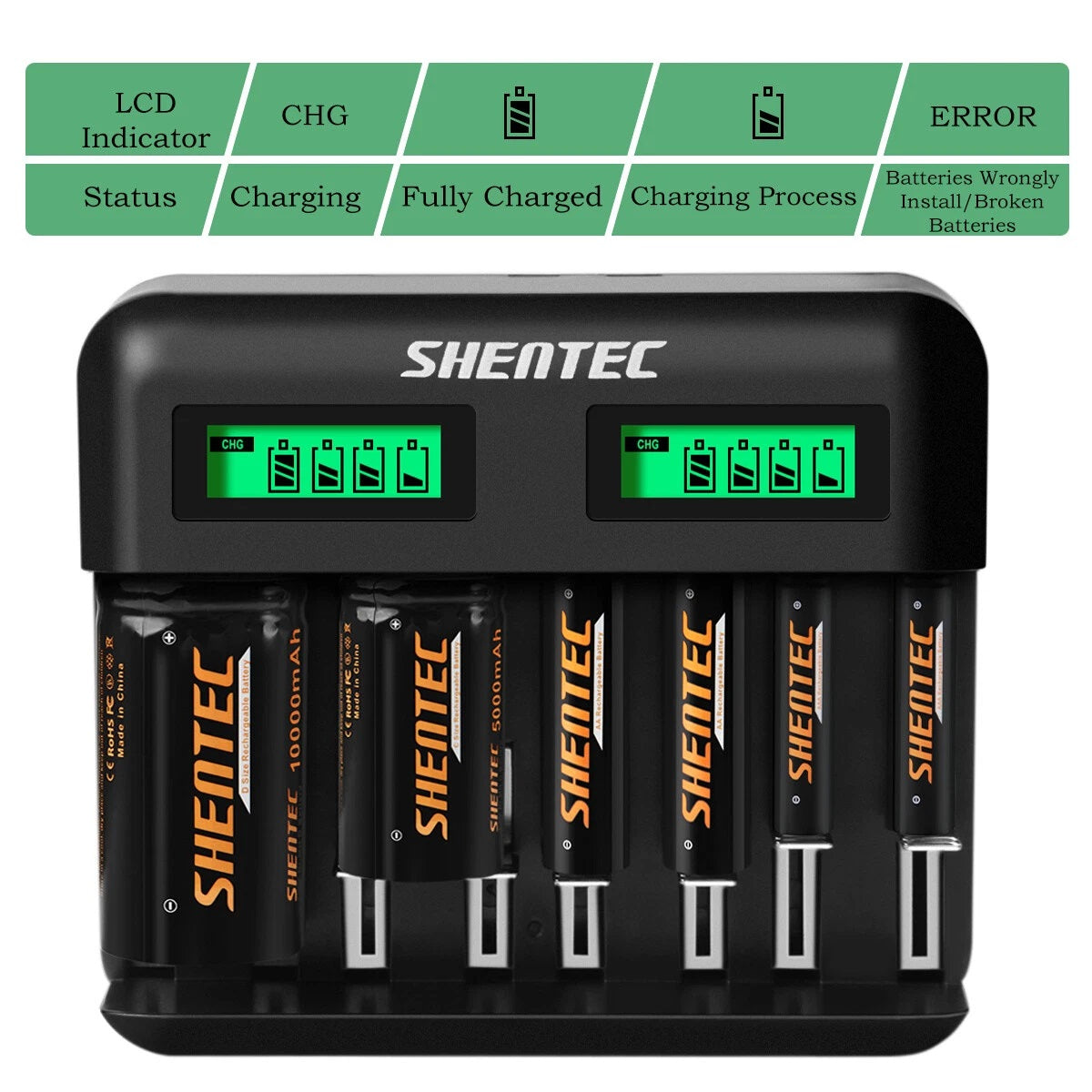 SHENTEC 8-Slot 9V Smart AA AAA C D Ni-MH Rechargeable Battery Charger