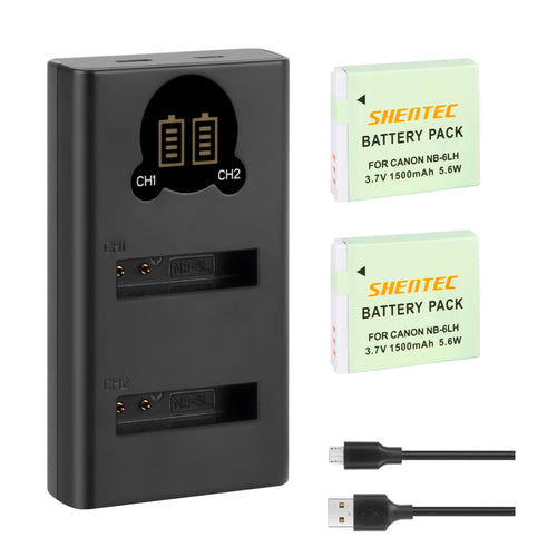 SHENTEC Battery NB-6L, NB-6LH + USB LCD Charger for Canon PowerShot