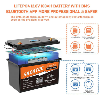 SHENTEC LiFePO4 12V 100Ah Rechargeable Lithium Battery