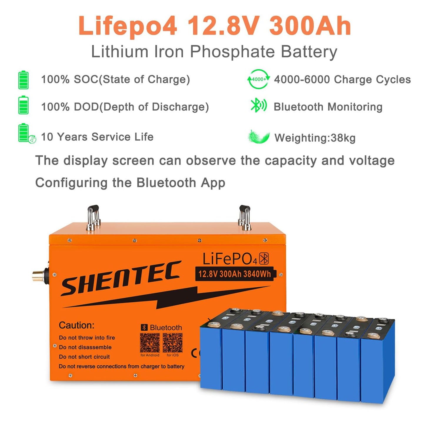 SHENTEC 12 V 300 Ah Self-Heating LiFePO4 Lithium Battery with 200 A BMS