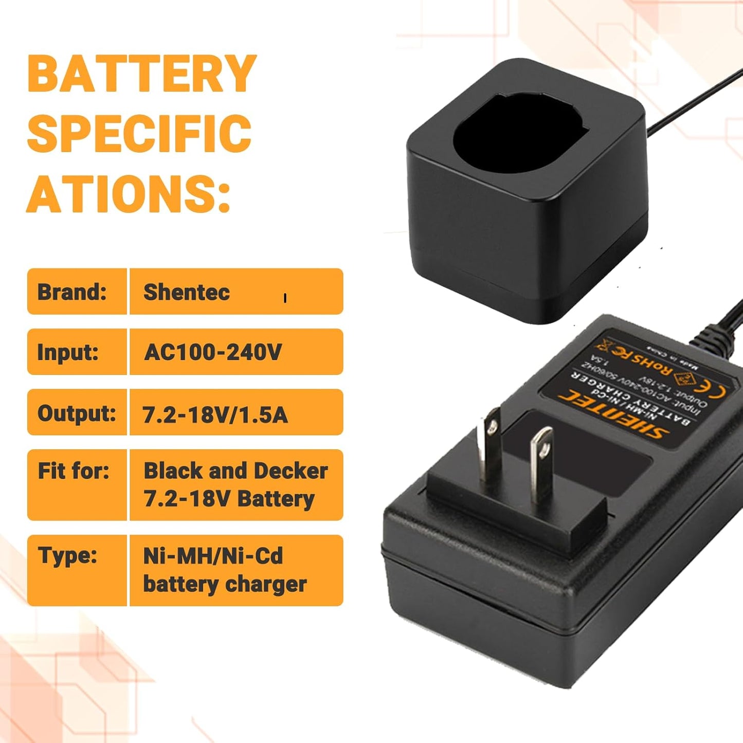 SHENTEC 7.2V-18V Battery Charger Compatible with Black and Decker