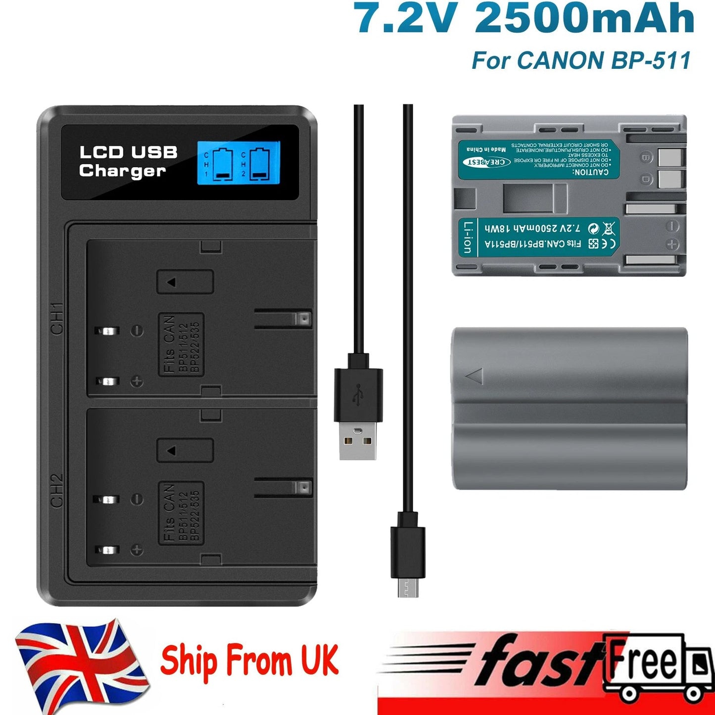 2x BP-511 Battery &LCD Dual Charger For Canon EOS 40D 50D BP-511A 300D 20D 30D