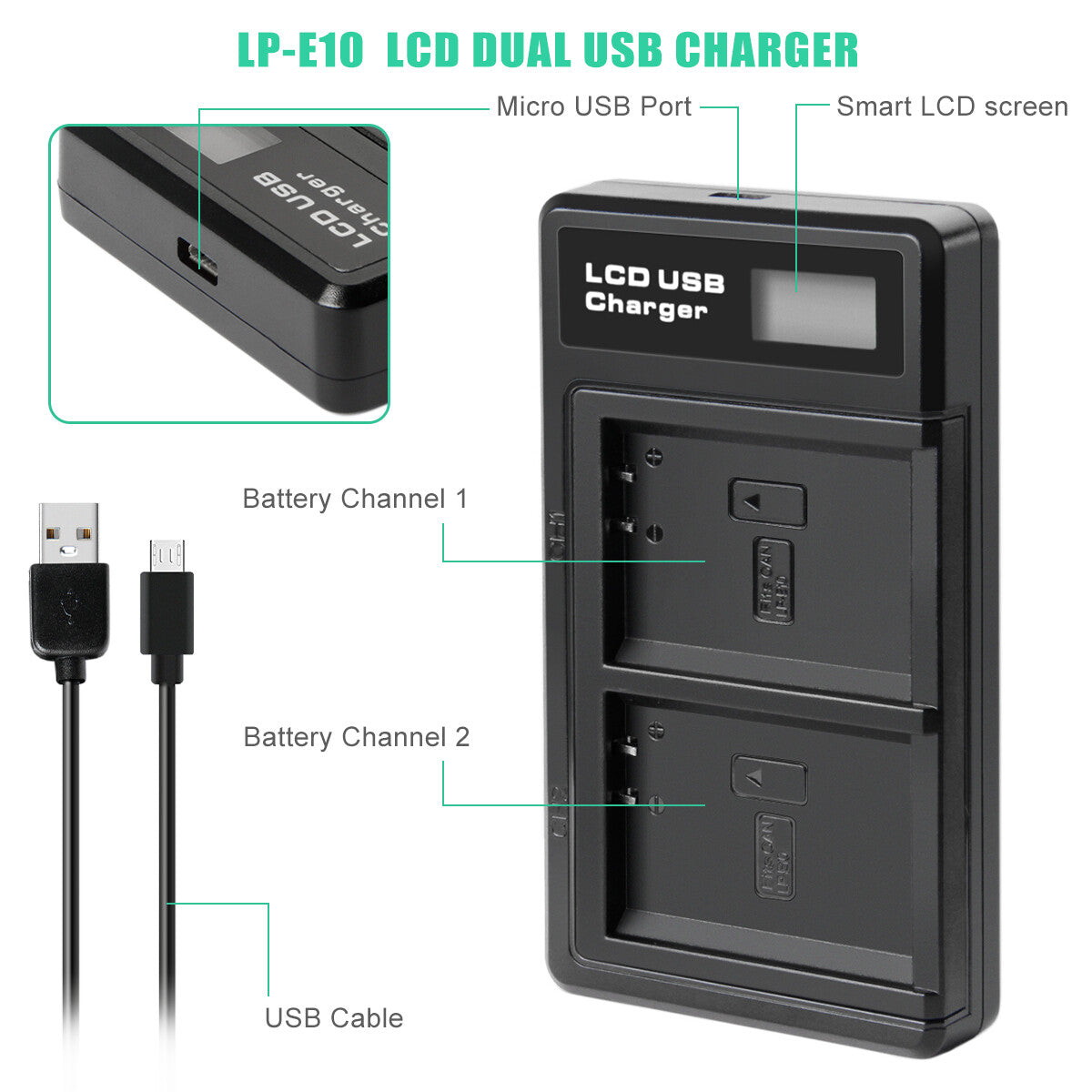 2x LP-E10 Battery &Charger For Canon Rebel T3 T5 Kiss X50 EOS 1200D 1300D 2000D