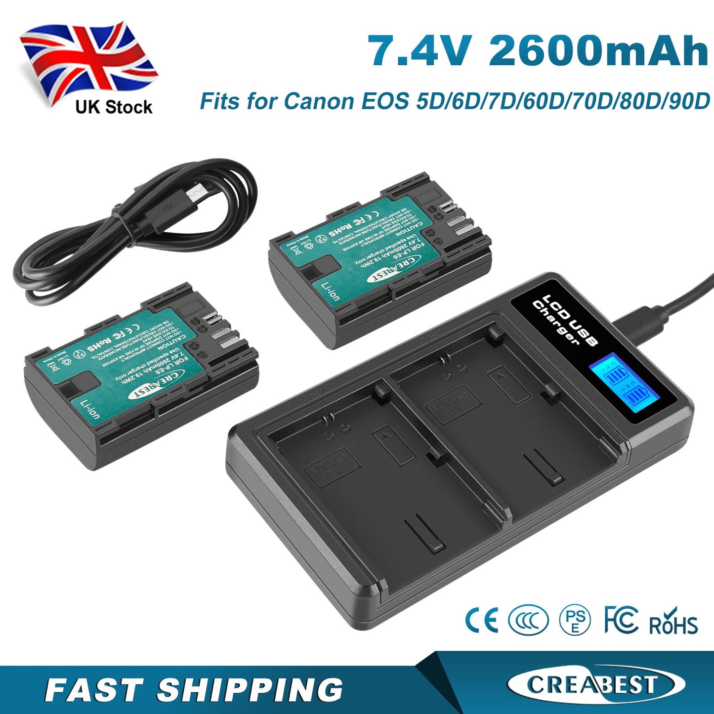 2xLP-E6 LP-E6N Battery+Dual Charger For Canon EOS 90D 5D Mark III IV 80D 60D 70D