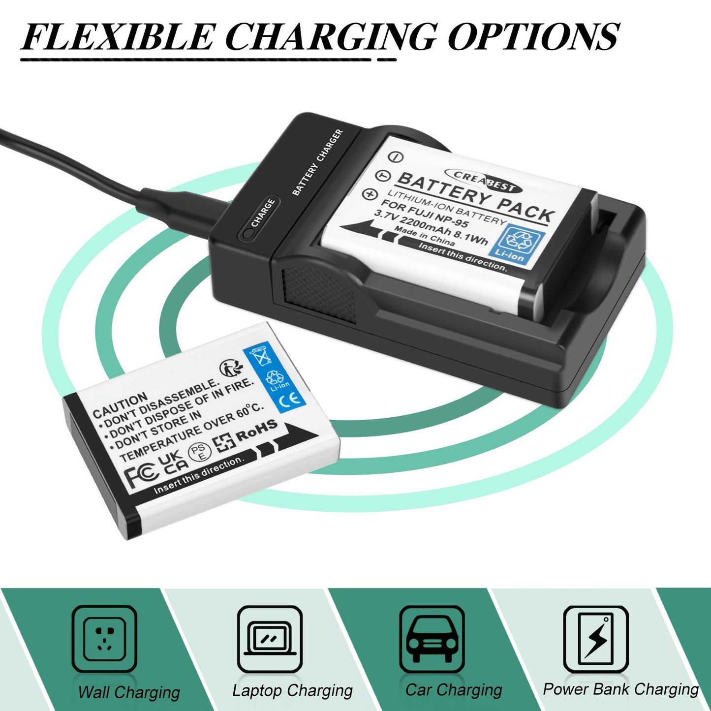 2x NP-95 NP95 3.7V Battery+Charger for Fujifilm Finepix F30 F31 F31fd X100 X100s