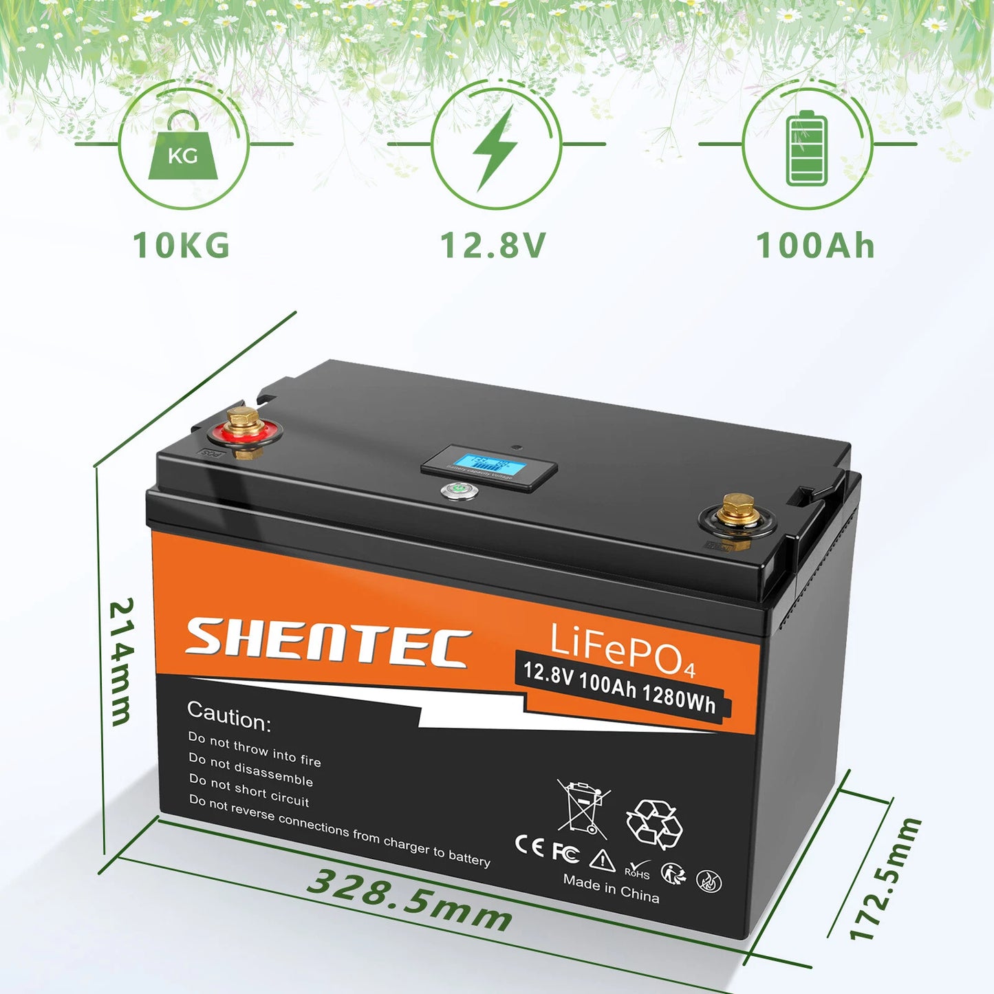 SHENTEC 12 V 100 Ah LiFePO4 Battery Wth LED Display Built-in 100 A BMS for Backup Power