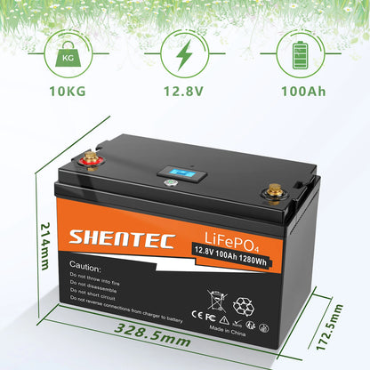 SHENTEC 12 V 100 Ah LiFePO4 Battery Wth LED Display Built-in 100 A BMS for Backup Power