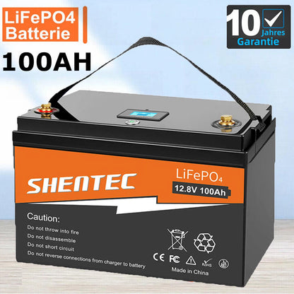 SHENTEC 12 V 100 Ah LiFePO4 Battery Wth LED Display Built-in 100 A BMS for Backup Power