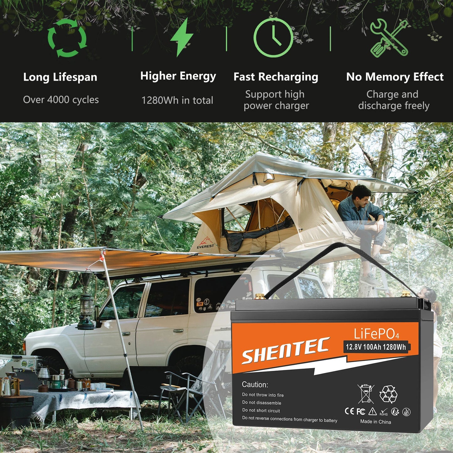 SHENTEC 12 V 100 Ah LiFePO4 Battery Wth LED Display Built-in 100 A BMS for Backup Power
