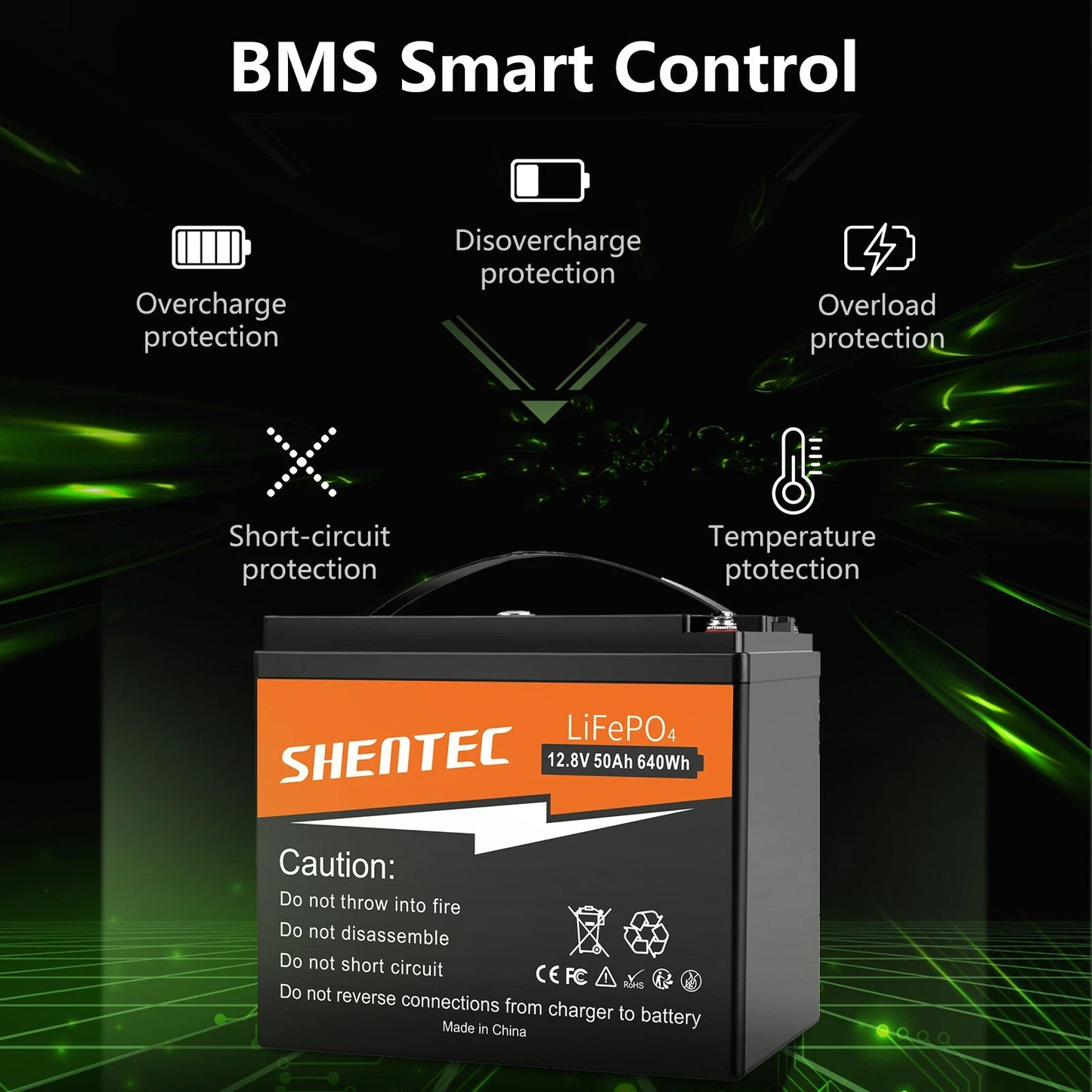 SHENTEC 12.8V 50Ah Lithium LiFePO4 Battery for Solar RV Boat Caravan Camping